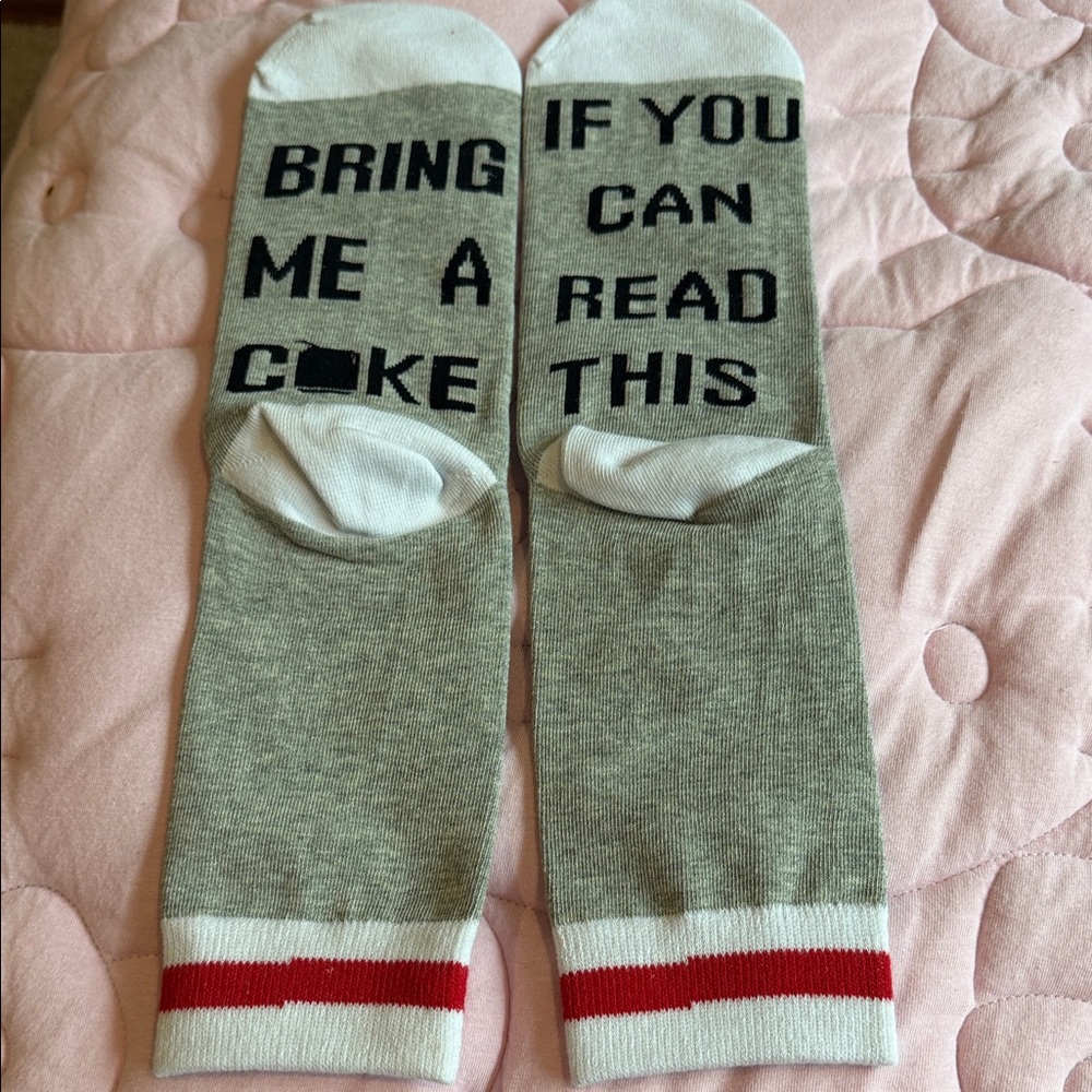 Gray Novelty Women’s Socks with Red Stripe - 'Bring Me a Coke' Text